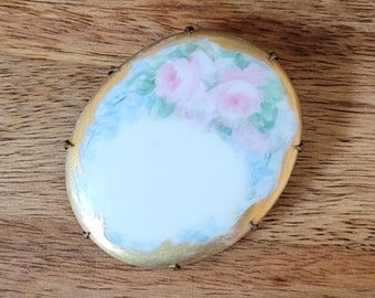 Broche Ronde Rétro En Porcelaine - Fleurs Pastel Peintes à La Main - État Impeccable Vintage