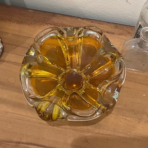 Vintage Yellow Amber and Clear Flower Art Glass Ashtray, Trinket Dish, Murano or Czech