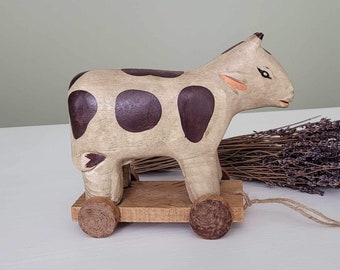 Vintage Primitive Wood Cow Pull-toy Hand Carved & Painted, Folk Art