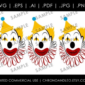 May include: Three cartoon clown faces with yellow hair, red lips, and black eyes. Each clown has a blue and yellow hat with a white ruffle collar.