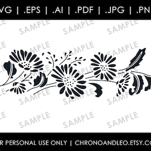 May include: Black and white silhouette of a floral design with stylised flowers and leaves. The design is perfect for crafting projects, scrapbooking, or creating digital designs.