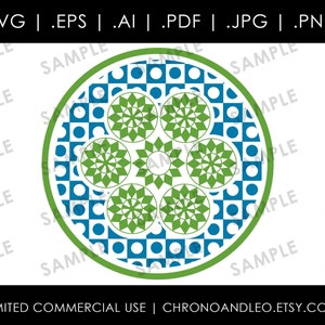 May include: A circular design with a green border and a blue and white checkered pattern in the center. Five green starburst shapes are arranged in a circle within the checkered pattern.