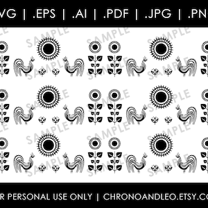 Puede incluir: Ilustración digital en blanco y negro de un gallo, un girasol y hojas. El diseño se repite en toda la imagen. El texto "FOR PERSONAL USE ONLY | CHRONOANDLEO.ETSY.COM" está en la parte inferior de la imagen.