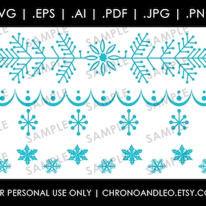 May include: A set of digital cut files featuring a snowflake design in a turquoise blue color. The design includes a snowflake border, a snowflake pattern, and individual snowflakes. The text "FOR PERSONAL USE ONLY | CHRONOANDLEO.ETSY.COM" is at the bottom of the image.