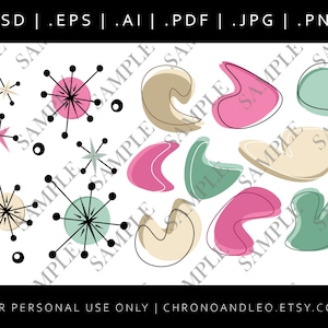 May include: A set of 14 mid-century modern style digital clipart graphics. The graphics include abstract shapes in pink, green, and beige, and starburst shapes in black, white, and teal.