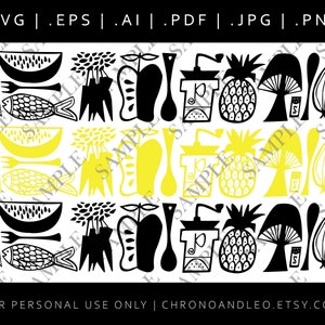 May include: A black and white illustration of a repeating pattern of kitchen items, including a pineapple, a mushroom, a fish, a watermelon, a pepper, a carrot, a spoon, and a salt shaker. The pattern is repeated twice, with the second pattern in yellow and white.