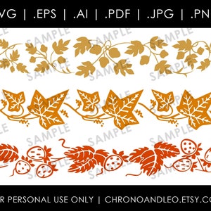 May include: Three decorative border designs in gold and orange. The top design features leaves, the middle design has ivy leaves, and the bottom design showcases strawberries. The text at the bottom reads: FOR PERSONAL USE ONLY | CHRONOANDLEO.ETSY.COM.