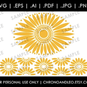 May include: A digital download of a graphic design featuring a yellow sunflower with a white center and a row of smaller sunflowers below. The design is perfect for crafting projects, scrapbooking, and other creative endeavors.