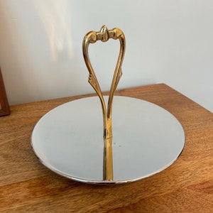 Vintage MCM Kromex Chrome Pedestal Serving Tray with Gold Ornate Handle