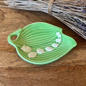 Green Lily of the Valley Trinket Ring Dish, Made in Japan, Vintage 1960s