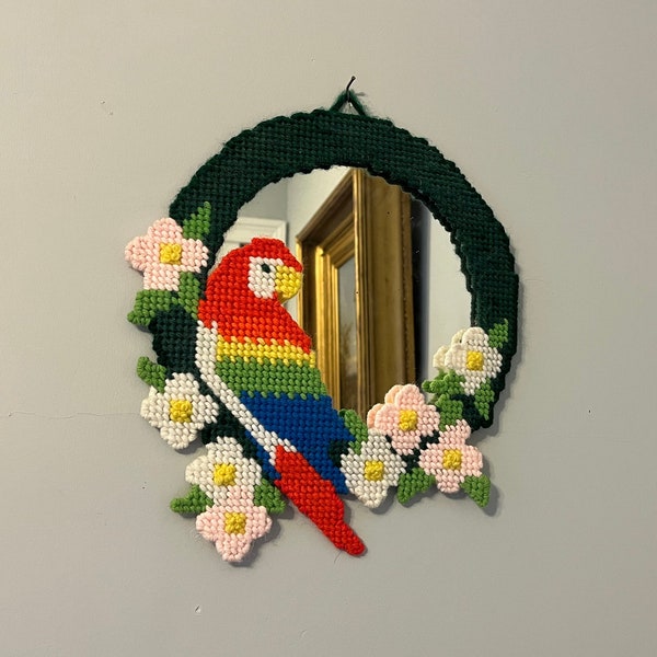 Needlepoint Macaw Parrot Hanging Wall Mirror w/ Flowers, Vintage 1970s