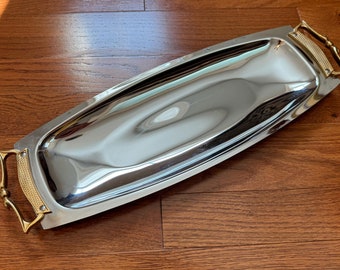 Vintage 1950s MCM Kromex Chrome Long Serving Tray with Gold Ornate Handles