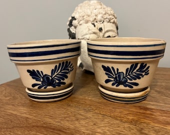 Vintage Französische Blaue Blumen Keramik Pflanzgefäße Set von 2