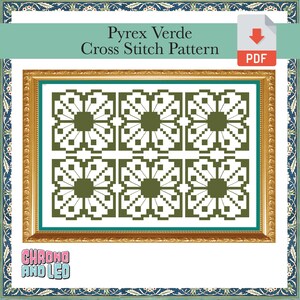 May include: A cross stitch pattern for a geometric design with a green and white color scheme. The pattern is titled "Pyrex Verde Cross Stitch Pattern" and is available as a PDF download.