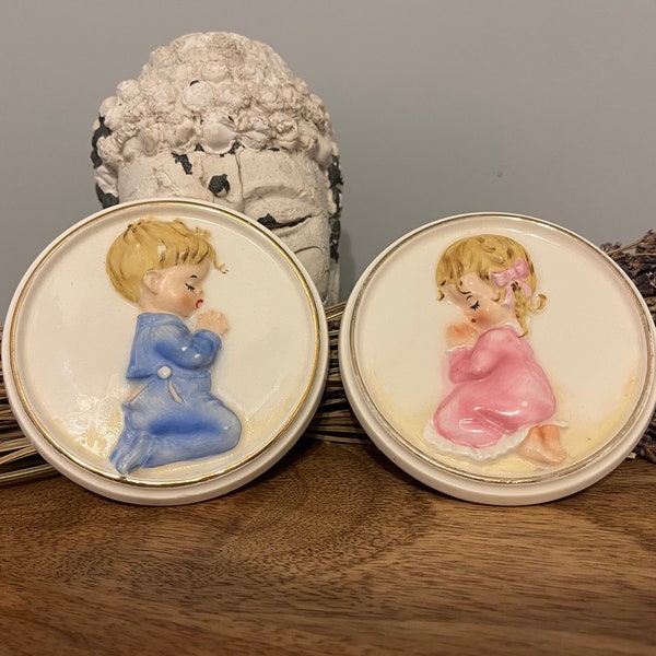 1950s Lefton Children's Prayer Boy & Girl Round Wall Plaques | Vintage decor |