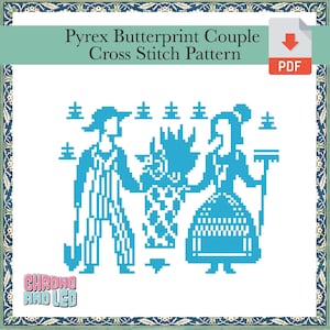 以下が含まれることがあります： 青い色のカップルが、スタイリッシュな木の前で立っているクロスステッチのパターンです。パターンは「Pyrex Butterprint Couple Cross Stitch Pattern」というタイトルで、PDFのダウンロードアイコンが含まれています。