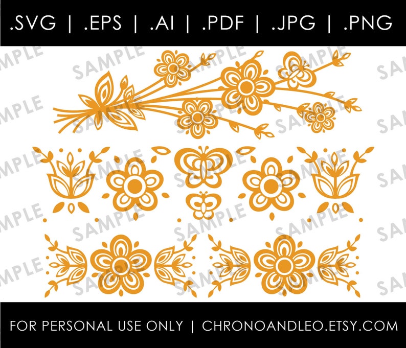 Puede incluir: Un conjunto de archivos de corte SVG florales y mariposas doradas para proyectos de manualidades. El dise&ntilde;o incluye una rama floral, flores individuales, mariposas y un borde floral.