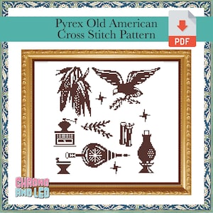 以下が含まれることがあります： ワシ、トウモロコシ、コーヒーグラインダー、ランプ、扇風機など、ヴィンテージのアメリカンシンボルを集めた白黒のクロスステッチパターン。パターン名は「Pyrex Old American Cross Stitch Pattern」。
