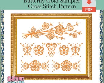 Patrón de punto de cruz Pyrex Butterfly Gold Sampler Descarga digital
