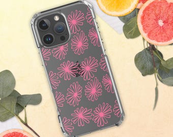 ピンクのレトロフラワーiPhoneケース、クリアなヴィンテージフローラルデイジー