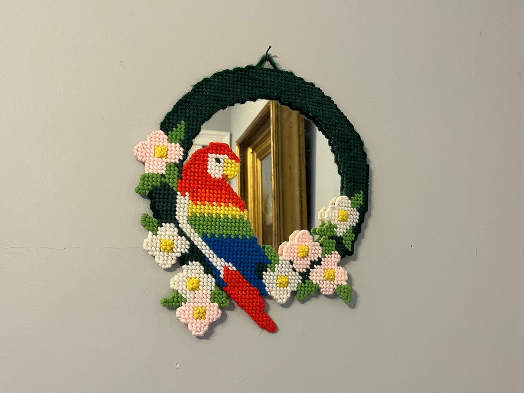 Picture of Needlepoint Macaw Parrot Hanging Wall Mirror W/ Flowers, Vintage 1970s ...