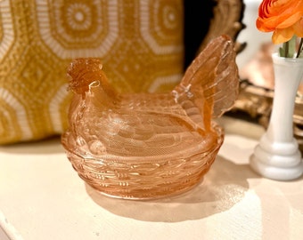 Vintage Kitsch Pink Large Hen on Nest, Chicken on Nest Candy Dish, Egg tray, Retro mcm 1950s 1960s Kitchen Decor