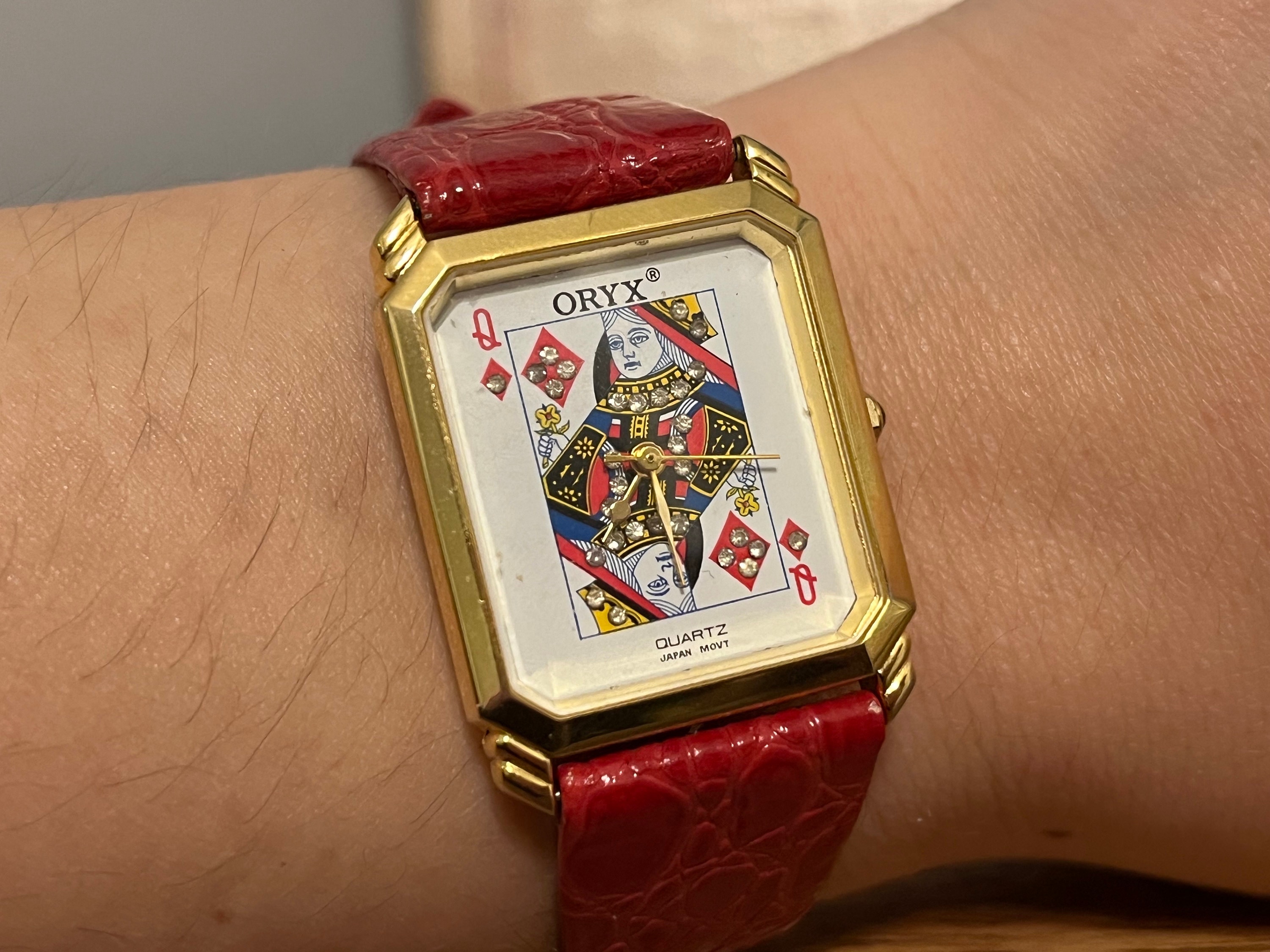 ORYX Queen of Diamonds Card Watch Gold Face Red Leather Band 