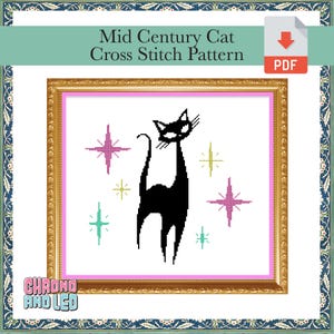 May include: Cross stitch pattern of a black cat with a mid-century modern design. The cat is surrounded by colourful stars.