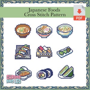 Könnte beinhalten: Ein Kreuzstichmuster mit neun verschiedenen japanischen Speisen, darunter Ramen, Sushi und Onigiri. Das Muster ist im Pixel-Stil gehalten und perfekt für Kreuzstich-Enthusiasten.