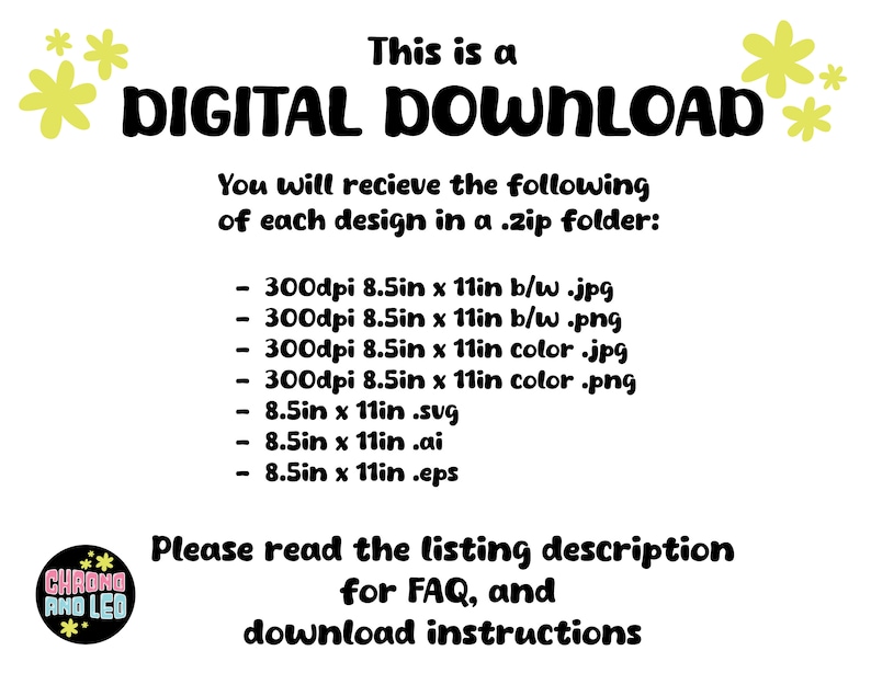 Puede incluir: Un gr&aacute;fico de descarga digital con flores amarillas y texto negro que dice "Esto es una DESCARGA DIGITAL. Recibir&aacute;s lo siguiente para cada dise&ntilde;o en una carpeta .zip: - 300 dpi 8,5 pulgadas x 11 pulgadas b/n .jpg - 300 dpi 8,5 pulgadas x 11 pulgadas b/n .png - 300 dpi 8,5 pulgadas x 11 pulgadas color .jpg - 300 dpi 8,5 pulgadas x 11 pulgadas color .png - 8,5 pulgadas x 11 pulgadas .svg - 8,5 pulgadas x 11 pulgadas .ai - 8,5 pulgadas x 11 pulgadas .eps Lee la descripci&oacute;n del anuncio para obtener las preguntas frecuentes y las instrucciones de descarga CHAONG AND LED"