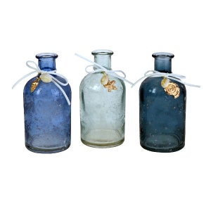 Deko-Flasche Vase blau  mit Muschelanhänger / Tischdeko Kommunion, Konfirmation, Maritim
