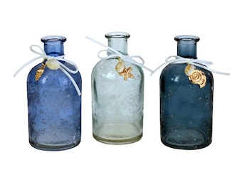 Deko-Flasche Vase blau  mit Muschelanhänger / Tischdeko Kommunion, Konfirmation, Maritim