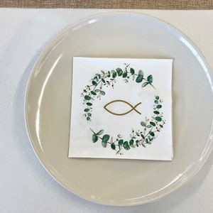 20 Cocktail-Servietten Fisch Eukalyptus Kommunion Konfirmation Taufe Zweig weiß grün gold