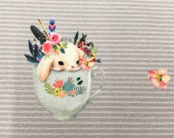 Jersey Baumwolle Süßer Hase Tasse BoHo Federn Streifen gestreift hellgrau rosa