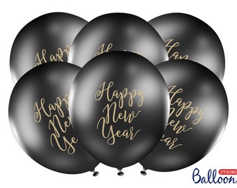 6 Ballons Happy New Year schwarz gold Silvester