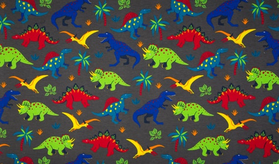 French Terry Sommersweat Dino Dinosaurier Urzeit Schwarz Grau