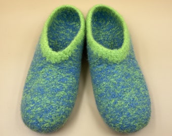 Filzhausschuhe - Clogs BLAU/NEON  meliert - gestrickte Hausschuhe    36 - 46