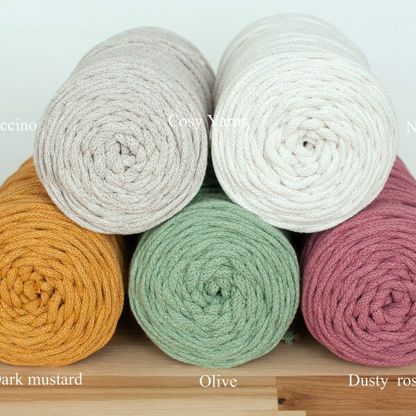 Macrame  Braided Cord 3mm - 100% Recycled Cotton Cord - Rope - Yarn,   5-100 metres