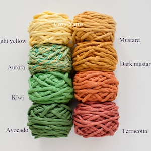 May include: Eight balls of yarn arranged in two columns, labelled Cosy Yarns. Colours include light yellow, mustard, dark mustard, aurora, kiwi, avocado, and terracotta. Each ball consists of thick, twisted cord-like strands of fibre material.