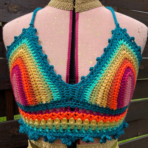 Rainbow Flower Crochet Bralette~ Size S/M~ Boho Hippie Chic Summer Festival Wear, Colorful Floral Rave Crop Top