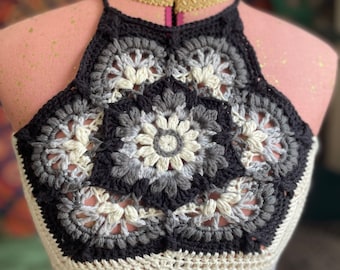 Crochet Lotus Halter Top: Gray Boho Flower Crop (XS/S)