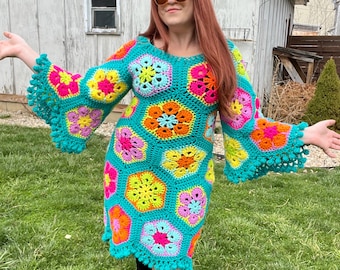 Crochet Flower Dress: Groovy African Design, Handmade Acrylic Sweater Dress