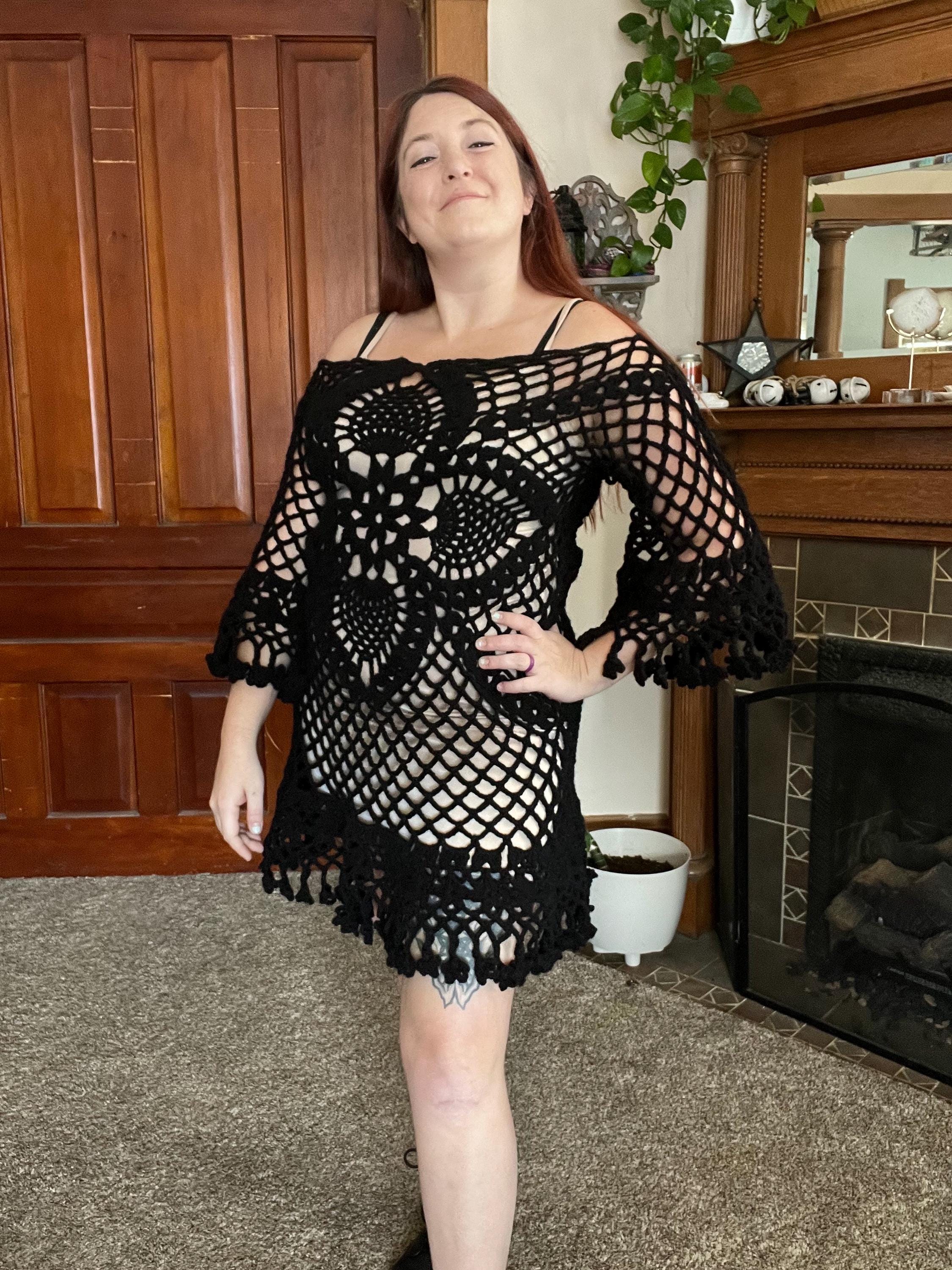 Black Crochet Bell Sleeve Dress: Handmade Boho Festival Frock (size M) - Etsy Black Crochet Bell Sleeve Dress: Handmade Boho Festival Frock (size M) - Etsy
