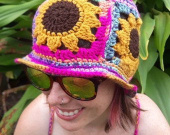 Sunflower Bucket Hat~ MTO~3 sizes~ Flower Hat, Hippie Sunflower Hat, Boho Flower Hat, Y2K Bucket Hat, Y2K Flower Hat, Festival Flower Hat