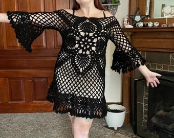 Black Crochet Bell Sleeve Dress: Handmade Boho Festival Frock (Size M)