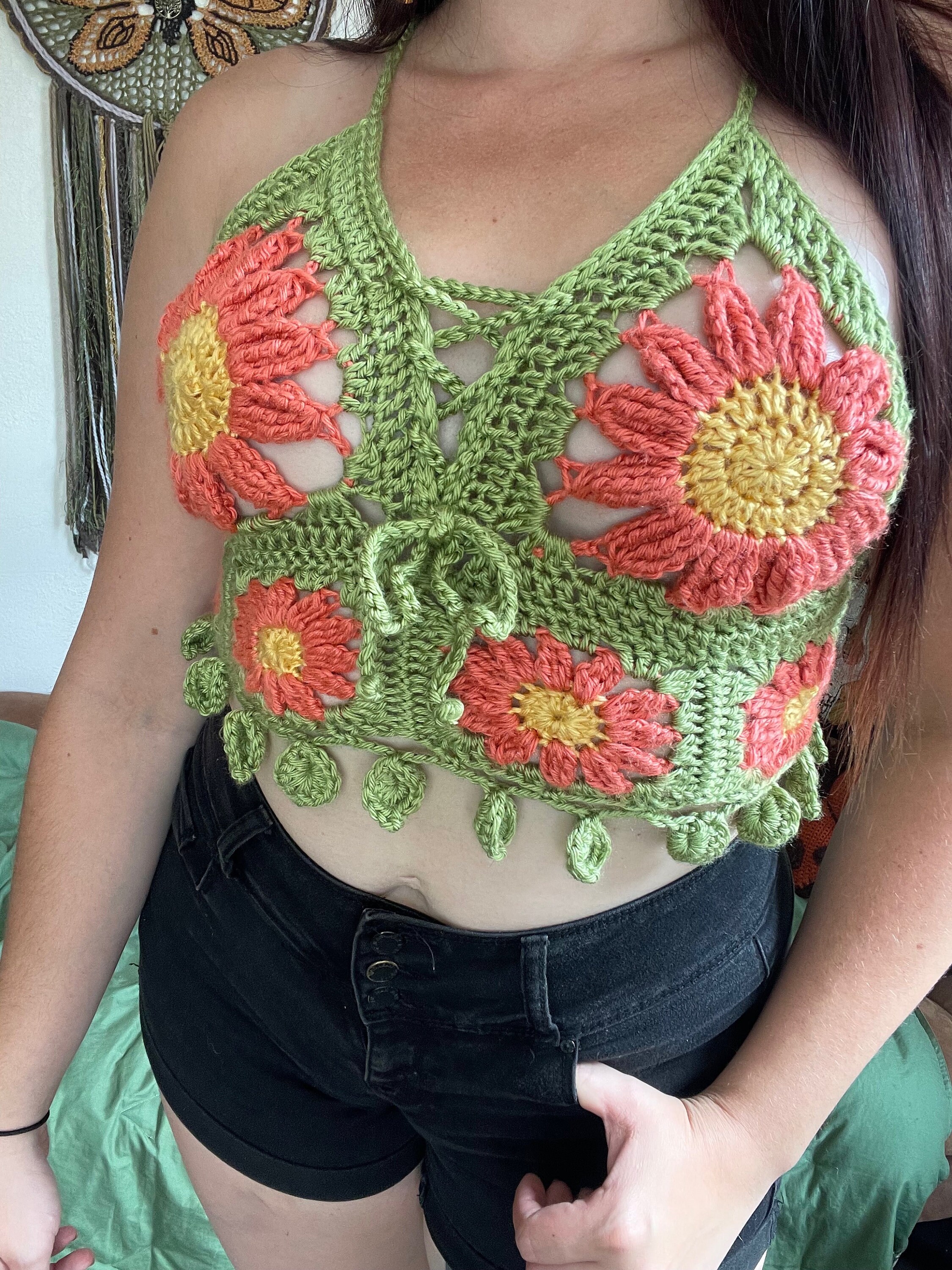 Cottagecore Sunflower Crochet Bralette - Boho Flower Top for