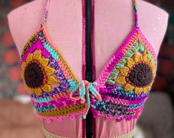 Crochet Sunflower Corset Top: Y2K Rave Bralette