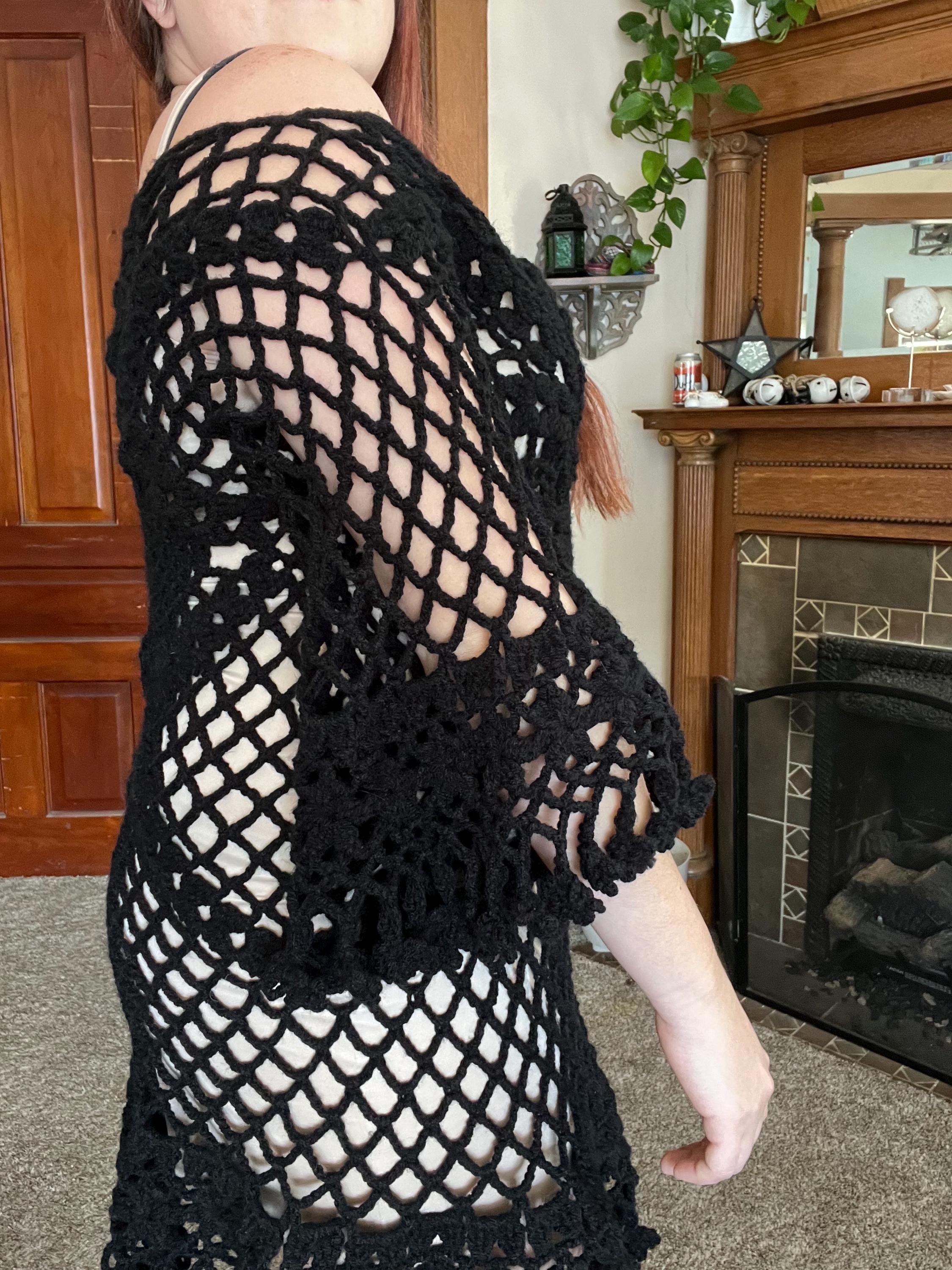 black crochet bell sleeve dress 1960s Vintage Black Bell Sleeve Boho Crochet Mod Flower Mini Dress | Retro  Evening | Hippie Flower Crochet | S | Bell Sleeve Festival Party