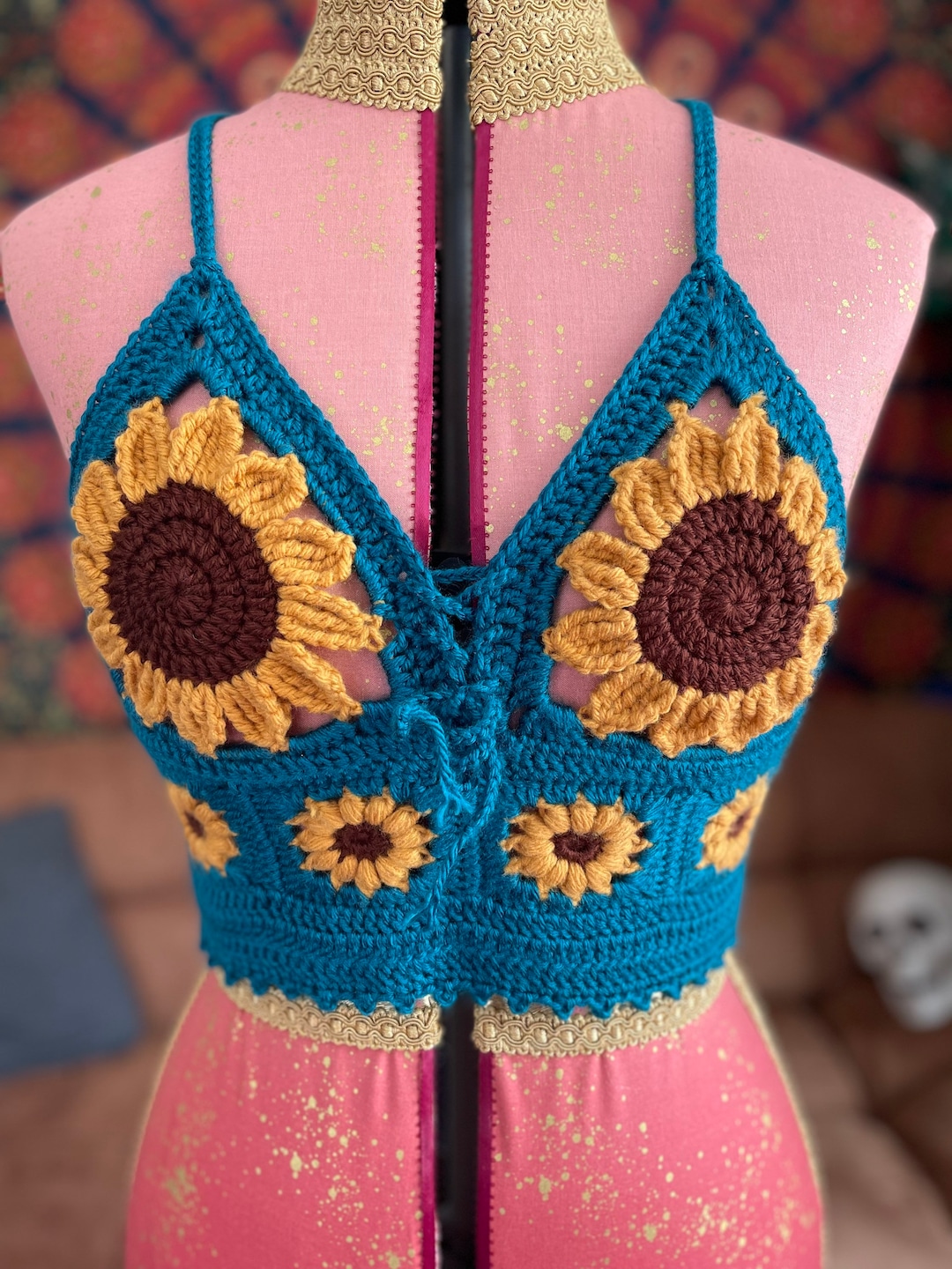 Cottagecore Sunflower Crochet Bralette - Boho Flower Top for