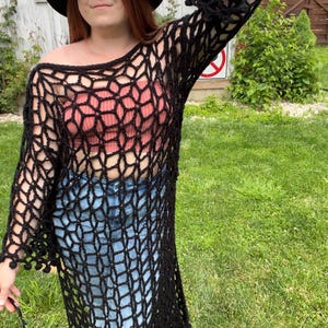 Crochet Black Jasmine Stitch Mesh Dress, Elegant Handmade Boho Summer Dress, Perfect Beachwear or Evening Outfit